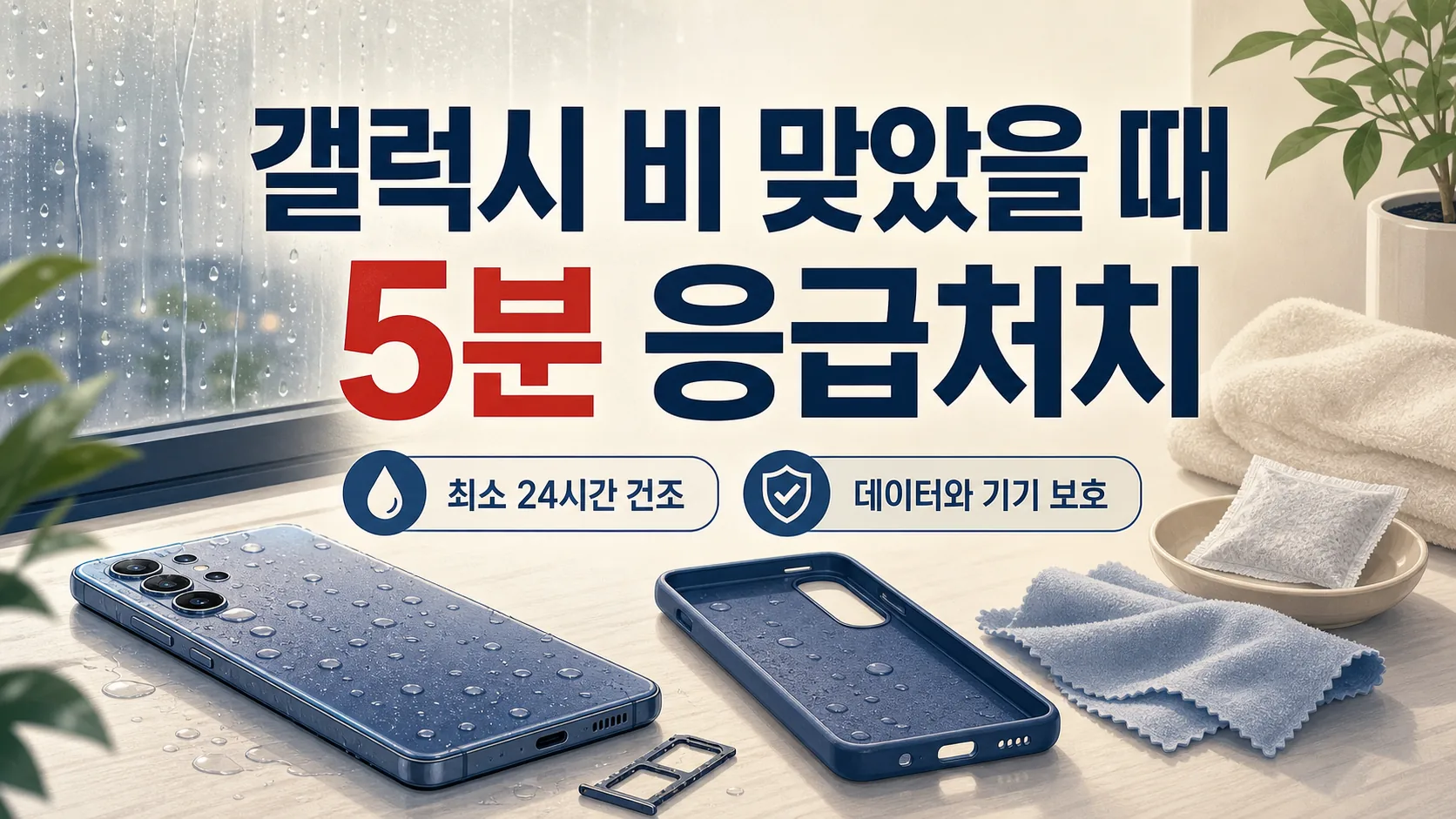 장마철에 비 맞았을 때 갤럭시 스마트폰 물기 제거하고 고장 예방하는 방법 — 5분 응급처치로 데이터와 기기 보호